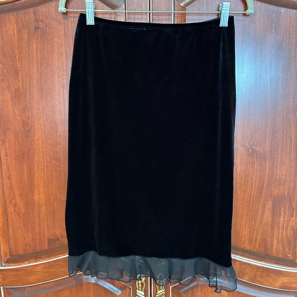 Elegant Black Velvet Pencil Skirt with sheer ruffle by Gantos